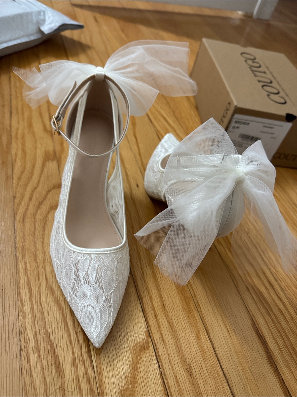 Wedding Heels White Lace Pointed Toe Bow Ankle Strap Flats